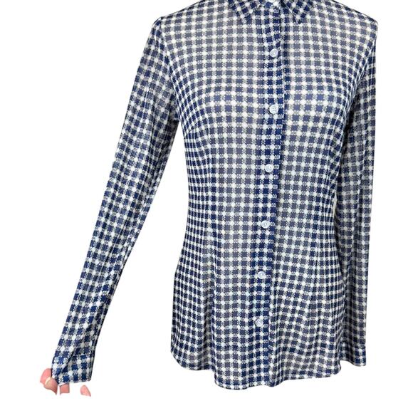 Cabi 736 Blue & Cream Geometric Print Sheer Mesh Long Sleeve Button Up Blouse - Picture 8 of 13
